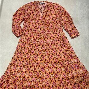 Zara Vibrant Orange and Pink Patterned Midi Dress Button Down Cotton M